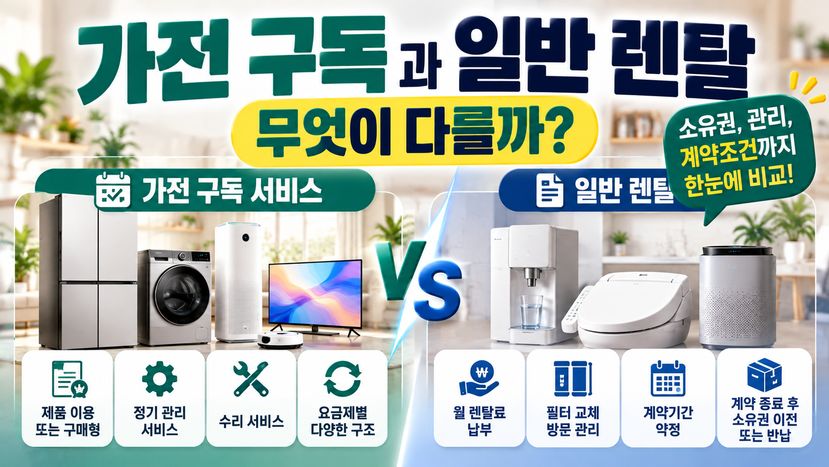 가전 구독과 렌탈 차이｜소유권·관리 서비스·해지 조건 비교